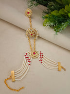 Gold-Plated White & Red CZ Studded Ring Bracelet | Artificial Stone Beaded Jewelry