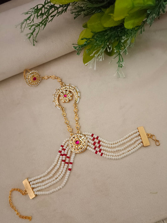 Gold-Plated White & Red CZ Studded Ring Bracelet | Artificial Stone Beaded Jewelry