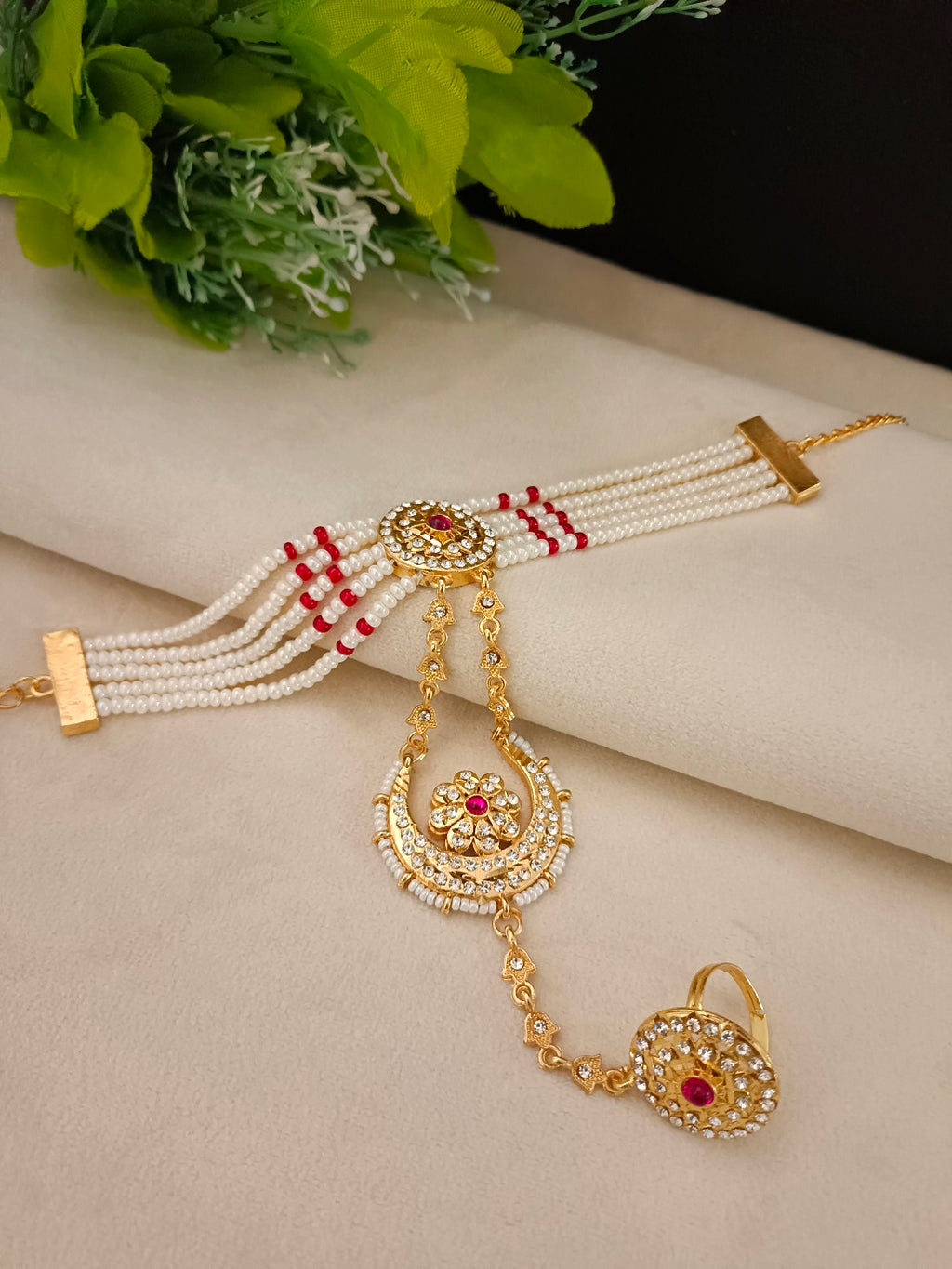Gold-Plated White & Red CZ Studded Ring Bracelet | Artificial Stone Beaded Jewelry