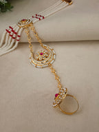 Gold-Plated White & Red CZ Studded Ring Bracelet | Artificial Stone Beaded Jewelry