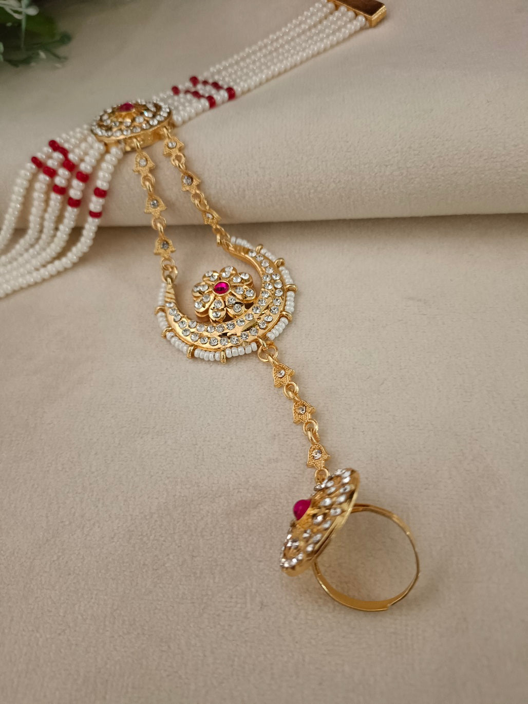 Gold-Plated White & Red CZ Studded Ring Bracelet | Artificial Stone Beaded Jewelry