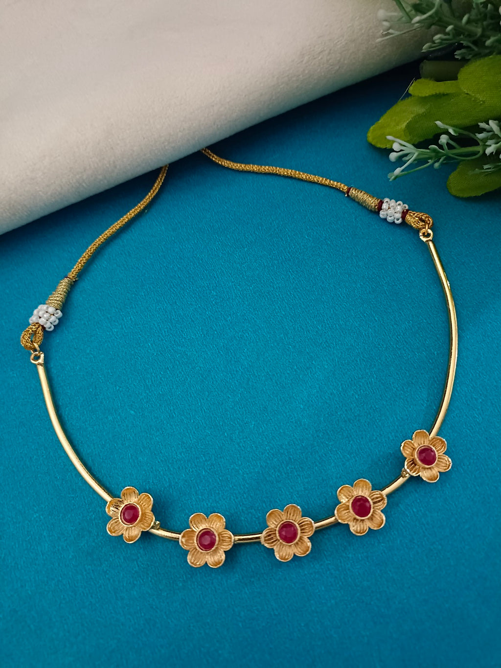 Gold-Plated Pink Kundan Hasli Choker Set | Traditional Studded Earrings & Drawstring