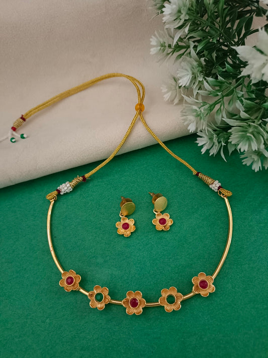Gold-Plated Pink & Green Stone Choker Set | Studded Drop Earrings & Drawstring