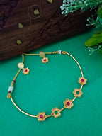 Gold-Plated Pink & Green Stone Choker Set | Studded Drop Earrings & Drawstring