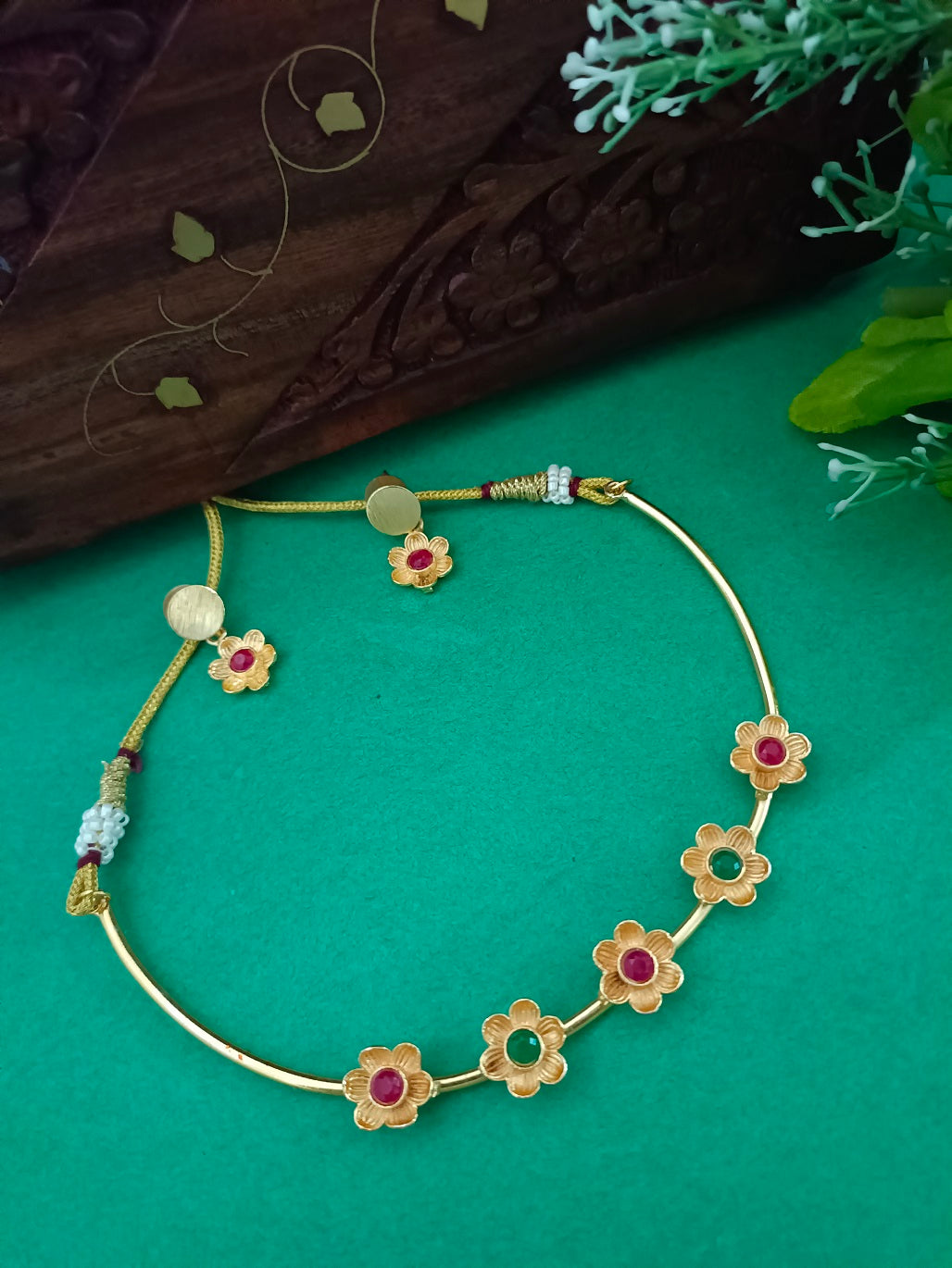 Gold-Plated Pink & Green Stone Choker Set | Studded Drop Earrings & Drawstring