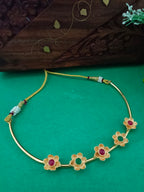 Gold-Plated Pink & Green Stone Choker Set | Studded Drop Earrings & Drawstring