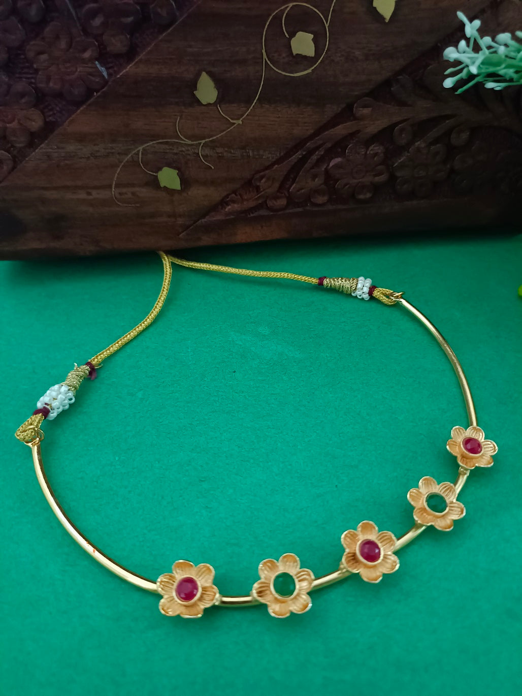 Gold-Plated Pink & Green Stone Choker Set | Studded Drop Earrings & Drawstring