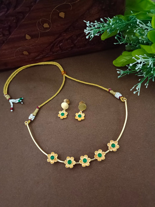 Gold-Plated Green Stone Choker Set | Studded Drop Earrings & Drawstring Closure