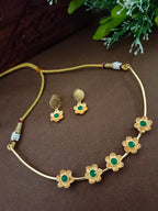 Gold-Plated Green Stone Choker Set | Studded Drop Earrings & Drawstring Closure