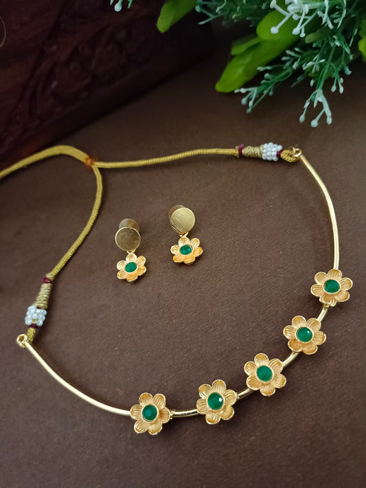 Gold-Plated Green Stone Choker Set | Studded Drop Earrings & Drawstring Closure