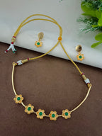 Gold-Plated Green Stone Choker Set | Studded Drop Earrings & Drawstring Closure
