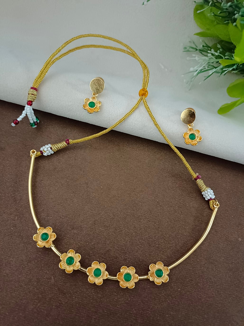 Gold-Plated Green Stone Choker Set | Studded Drop Earrings & Drawstring Closure