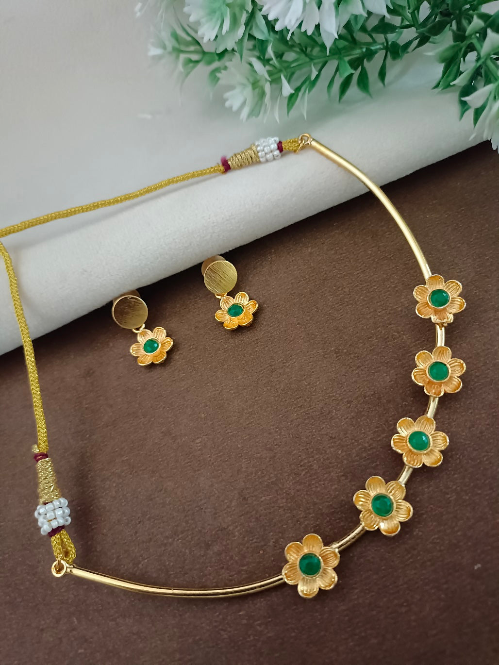 Gold-Plated Green Stone Choker Set | Studded Drop Earrings & Drawstring Closure