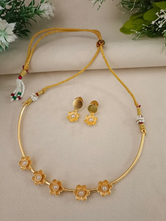 Gold-Plated Beaded Choker Set | Traditional Drop Earrings & Drawstring Closure