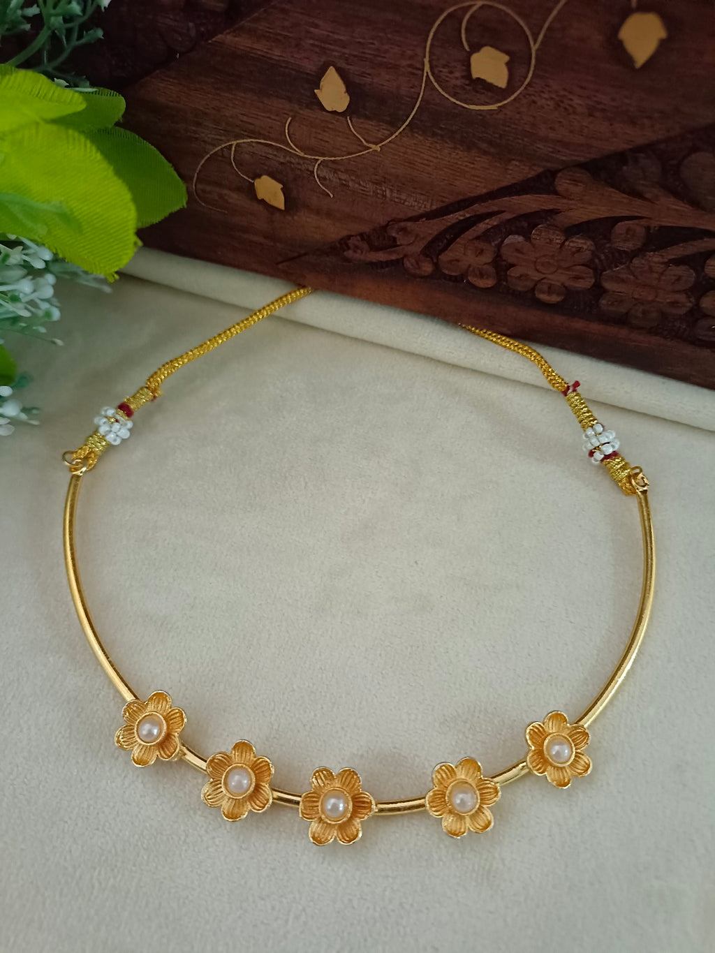 Gold-Plated Beaded Choker Set | Traditional Drop Earrings & Drawstring Closure