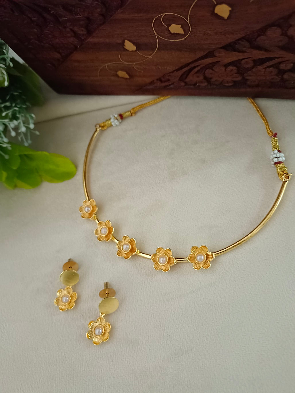 Gold-Plated Beaded Choker Set | Traditional Drop Earrings & Drawstring Closure