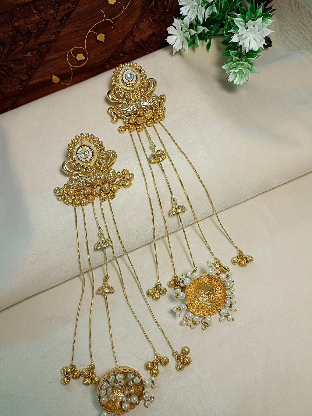 Gold toned and White Classic Jhumkas – Ethnic Earrings for Women