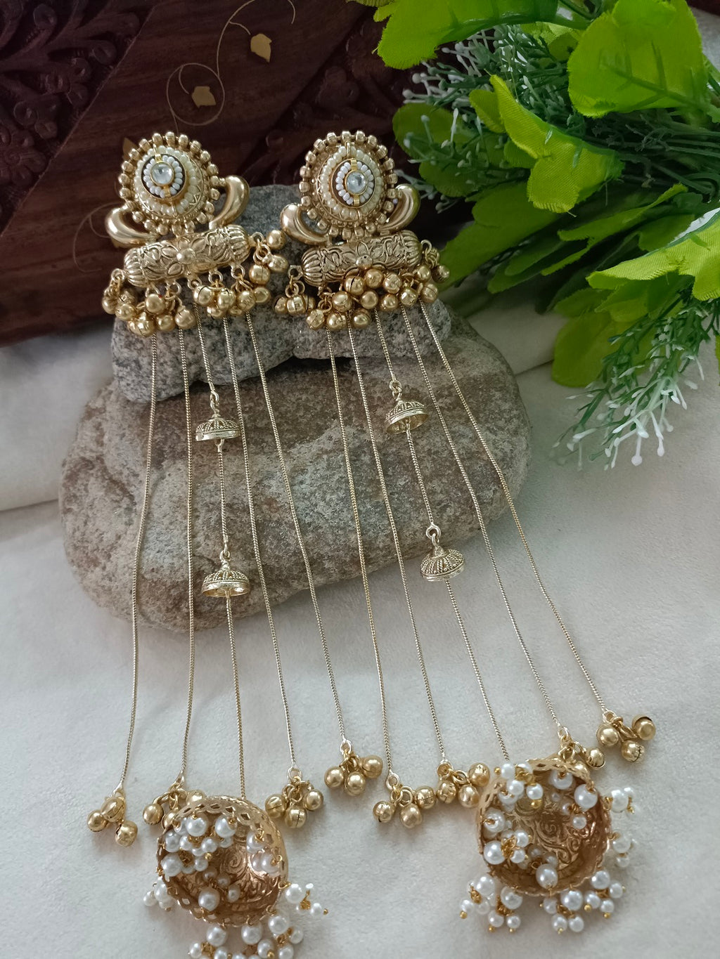 Gold toned and White Classic Jhumkas – Ethnic Earrings for Women