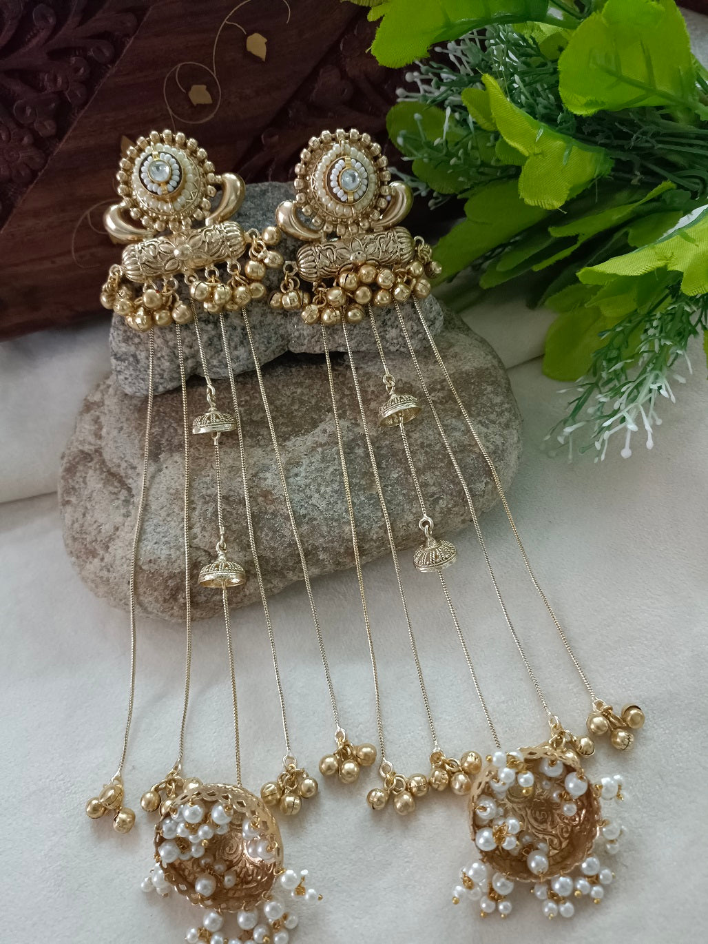 Gold toned and White Classic Jhumkas – Ethnic Earrings for Women