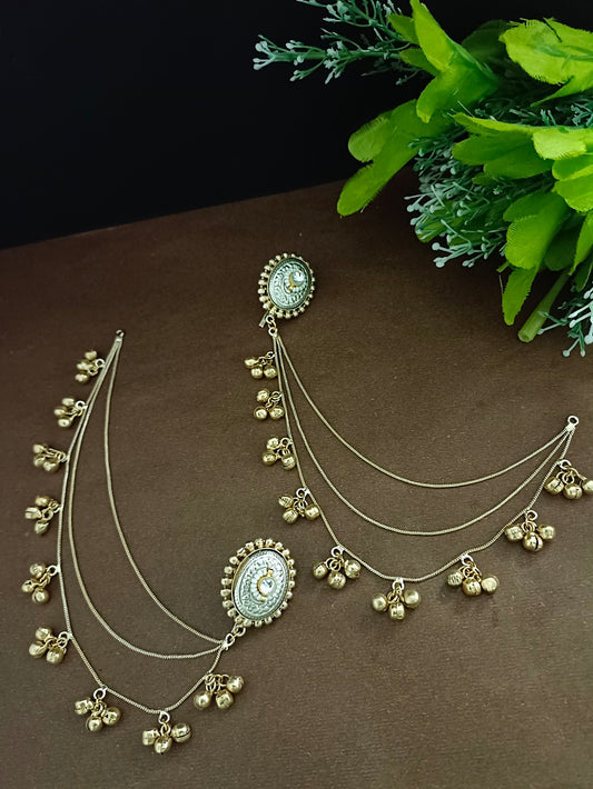 Gold-Toned Oval Kashmiri Earchain Earrings | Brass Plated with White Ear Cuff