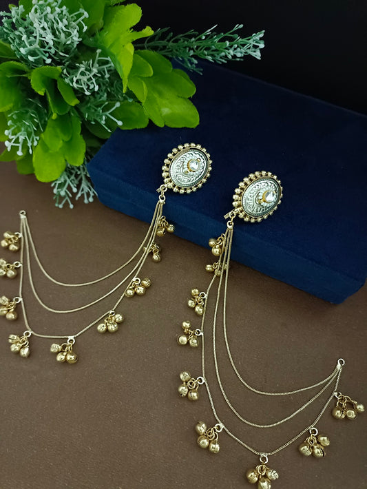 Gold-Toned Oval Kashmiri Earchain Earrings | Brass Plated with White Ear Cuff