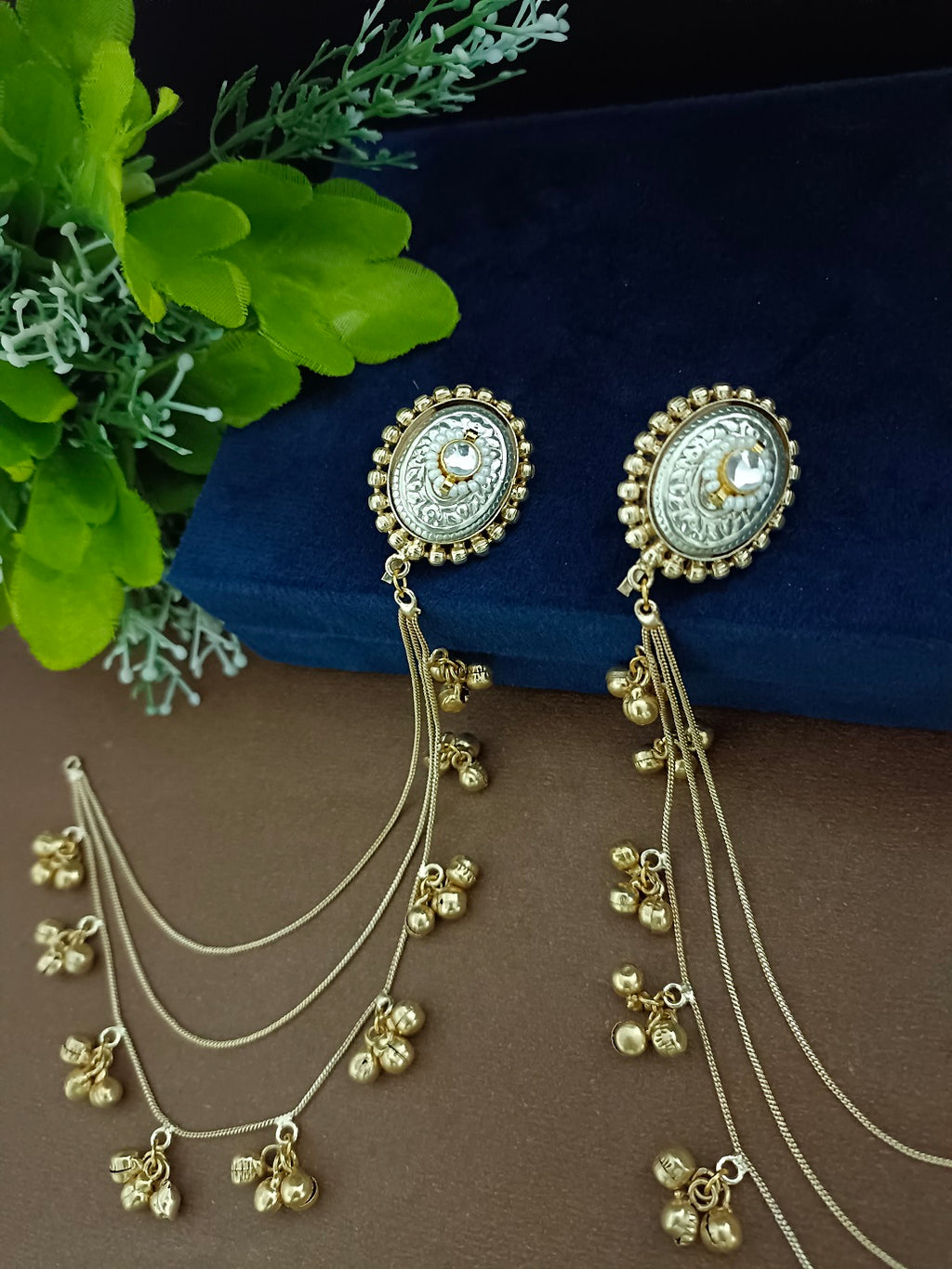 Gold-Toned Oval Kashmiri Earchain Earrings | Brass Plated with White Ear Cuff