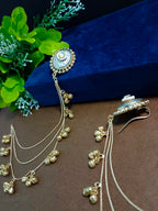 Gold-Toned Oval Kashmiri Earchain Earrings | Brass Plated with White Ear Cuff