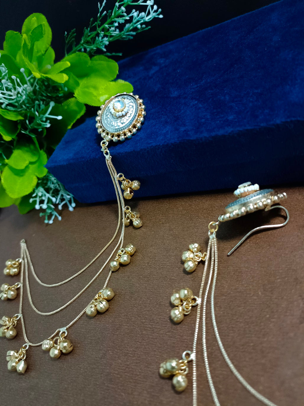 Gold-Toned Oval Kashmiri Earchain Earrings | Brass Plated with White Ear Cuff