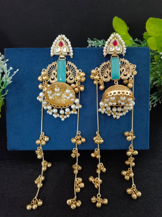 Gold-Toned Geometric Jhumka Earrings | Brass-Plated with Kundan & Post Back Closure