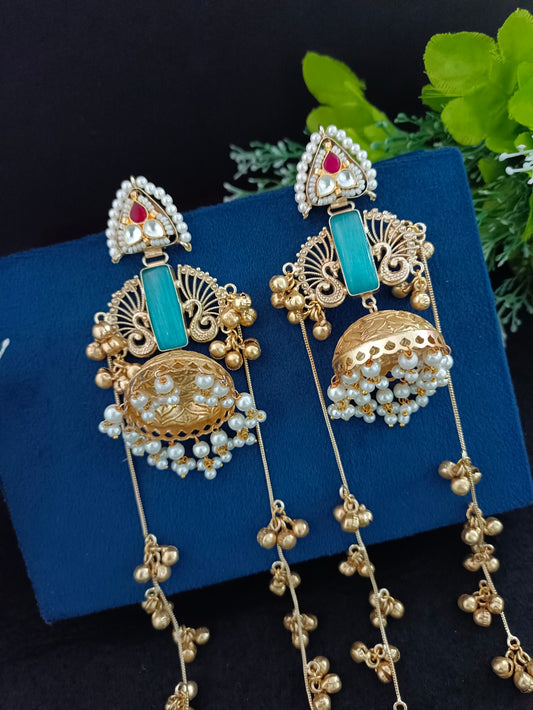 Gold-Toned Geometric Jhumka Earrings | Brass-Plated with Kundan & Post Back Closure