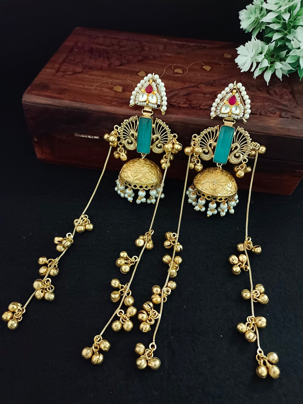 Gold-Toned Geometric Jhumka Earrings | Brass-Plated with Kundan & Post Back Closure