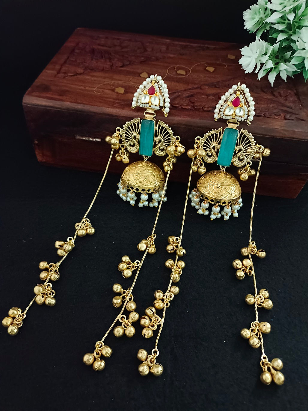Gold-Toned Geometric Jhumka Earrings | Brass-Plated with Kundan & Post Back Closure