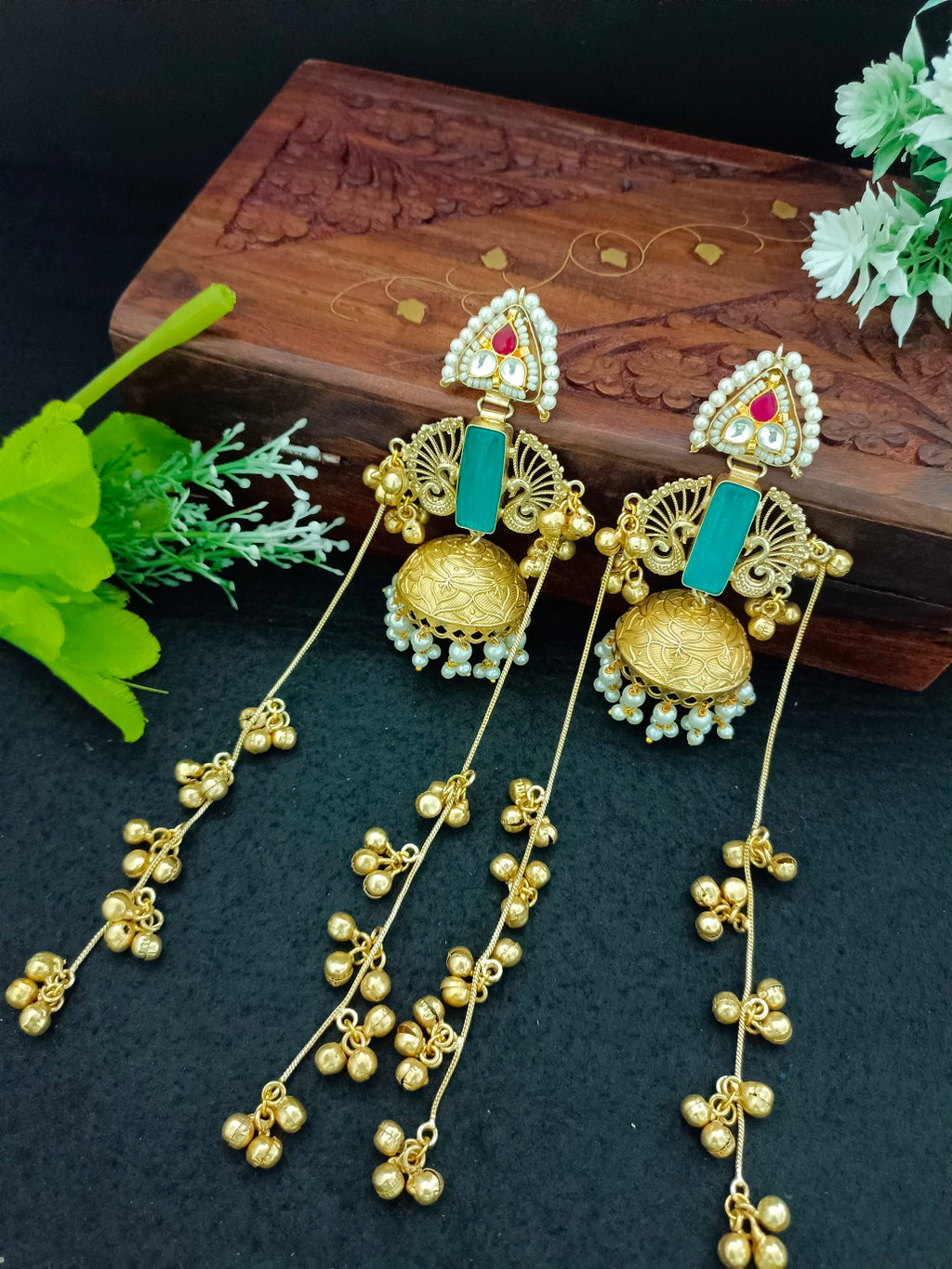 Gold-Toned Geometric Jhumka Earrings | Brass-Plated with Kundan & Post Back Closure