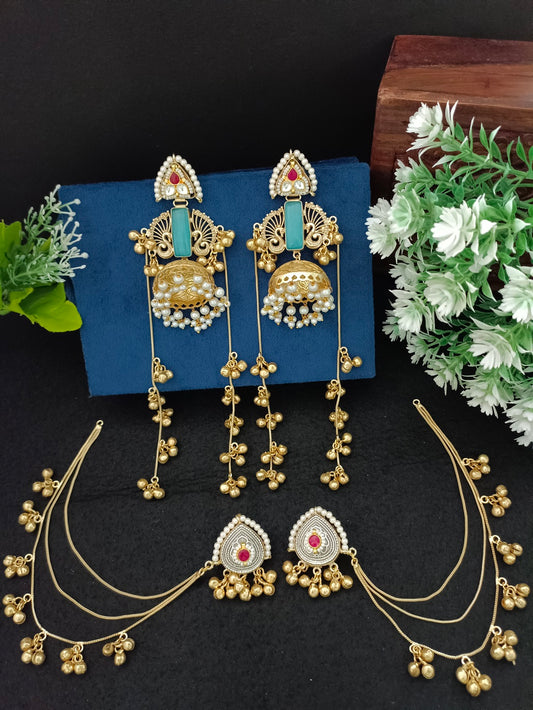 Gold-Toned Geometric Jhumka Earrings | Brass-Plated Kundan Stud & Post Back