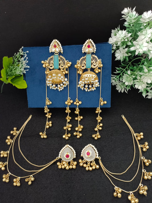 Gold-Toned Geometric Jhumka Earrings | Brass-Plated Kundan Stud & Post Back
