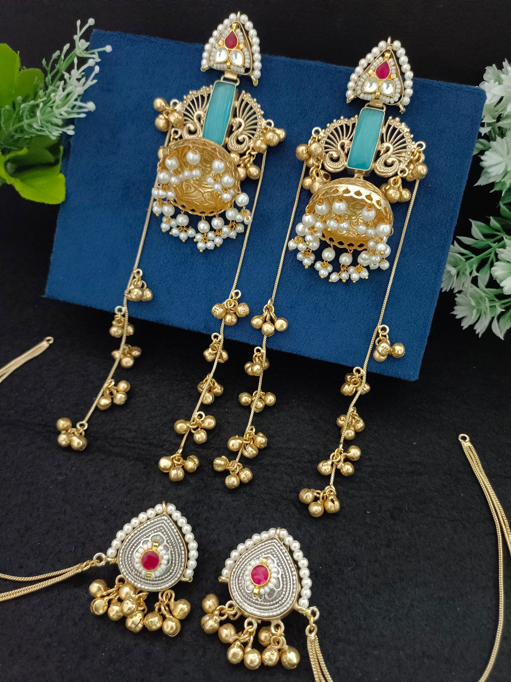 Gold-Toned Geometric Jhumka Earrings | Brass-Plated Kundan Stud & Post Back