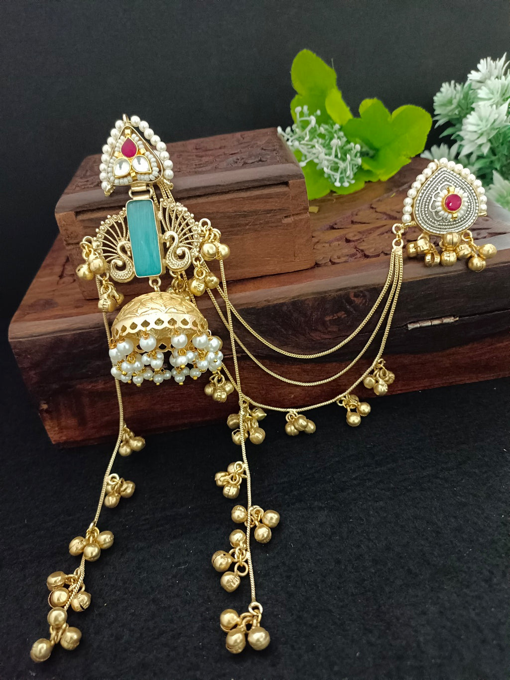 Gold-Toned Geometric Jhumka Earrings | Brass-Plated Kundan Stud & Post Back