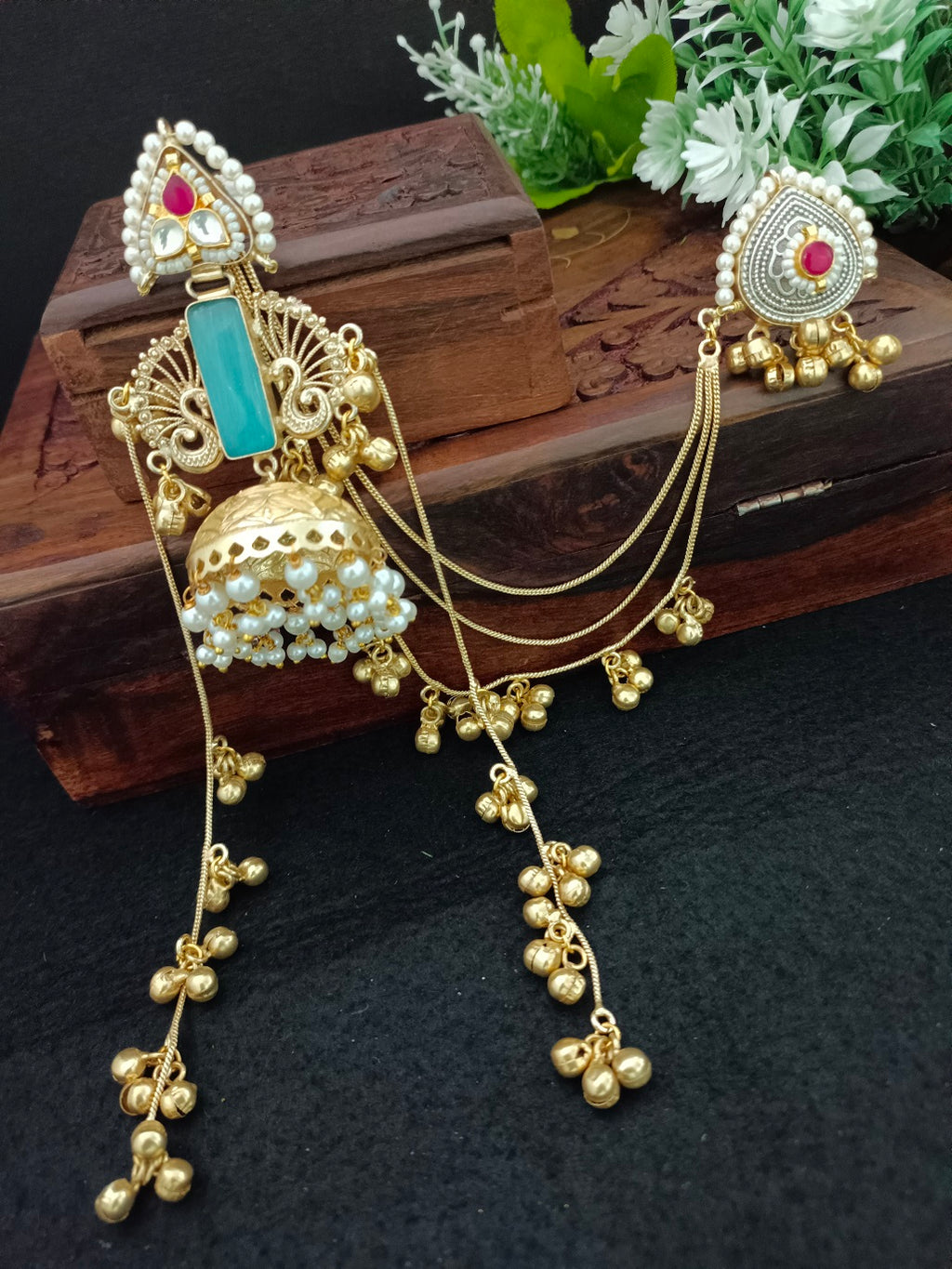Gold-Toned Geometric Jhumka Earrings | Brass-Plated Kundan Stud & Post Back