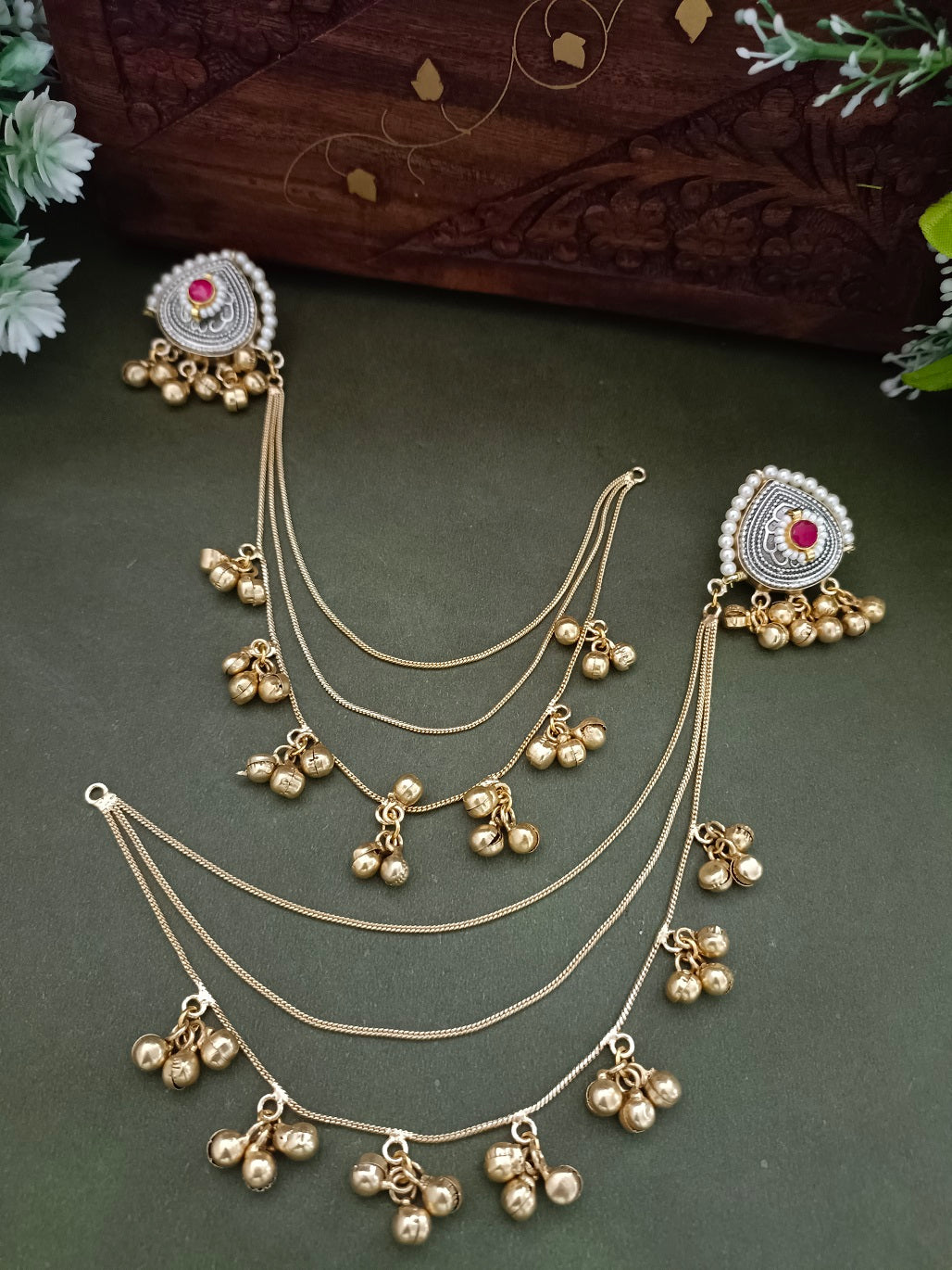 Silver-Toned Pink Heart Ear Cuff Earrings | Kundan Studded, Brass-Plated Insert Closure