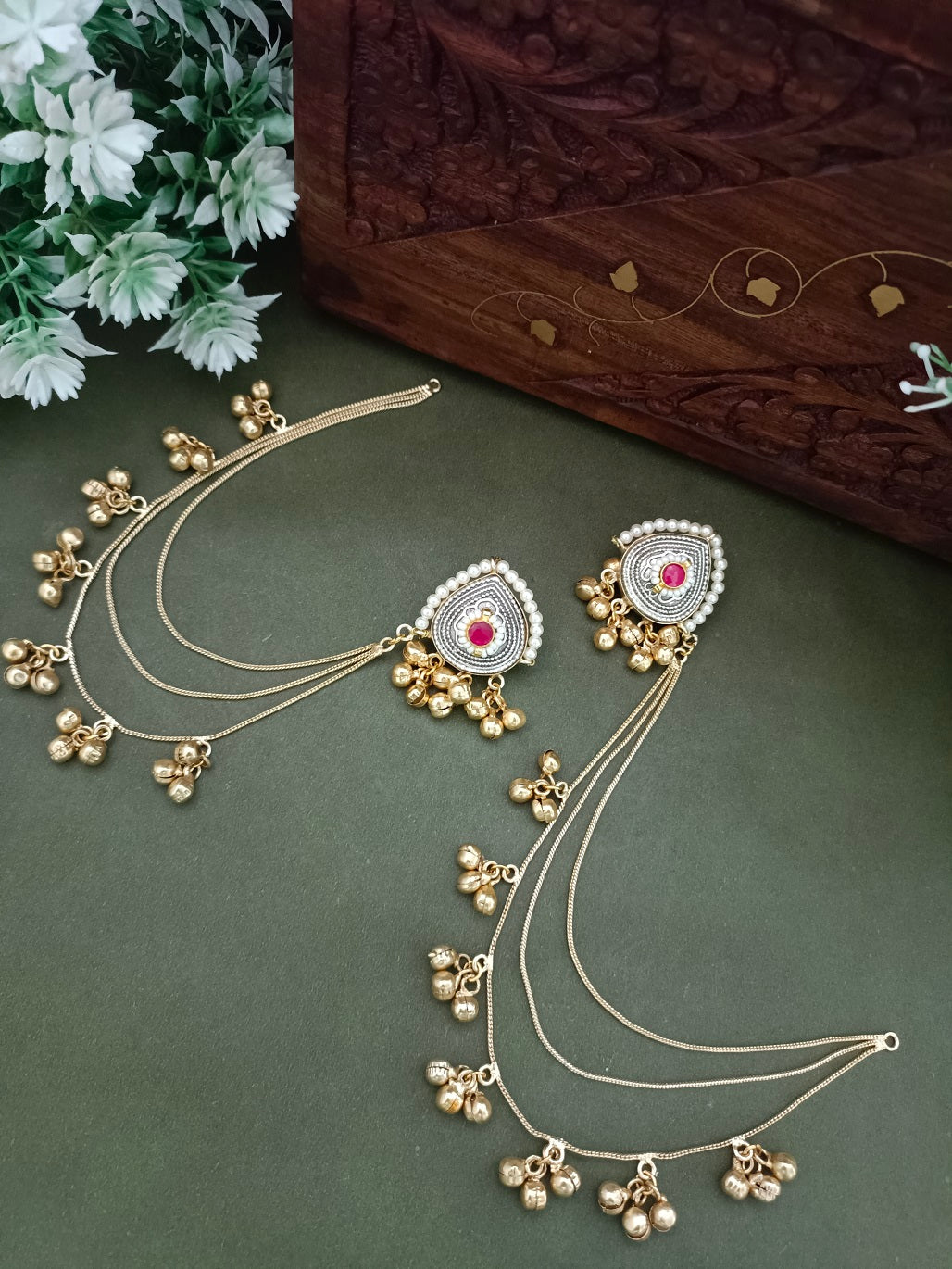 Silver-Toned Pink Heart Ear Cuff Earrings | Kundan Studded, Brass-Plated Insert Closure