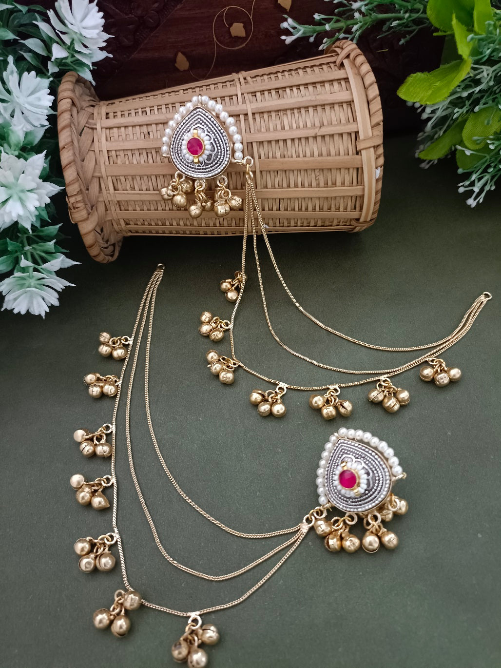 Silver-Toned Pink Heart Ear Cuff Earrings | Kundan Studded, Brass-Plated Insert Closure