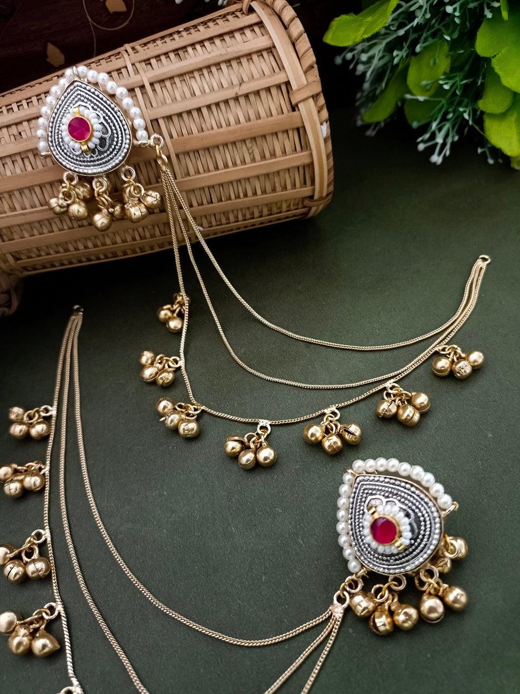 Silver-Toned Pink Heart Ear Cuff Earrings | Kundan Studded, Brass-Plated Insert Closure