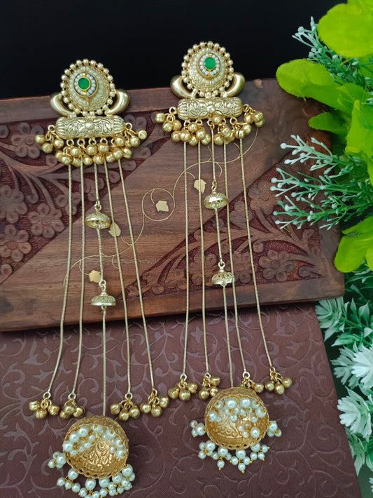 Gold-Toned Green Drop Earrings | Kundan Embellished Brass-Plated Post Back