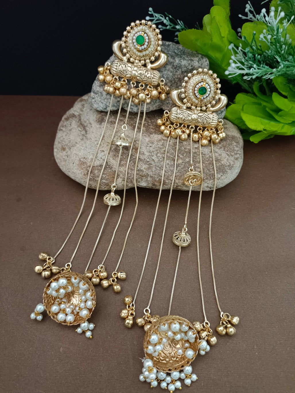 Gold-Toned Green Drop Earrings | Kundan Embellished Brass-Plated Post Back
