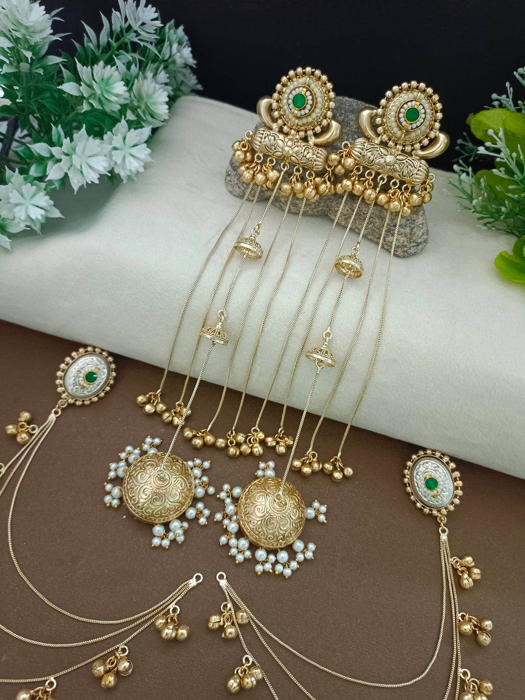 Gold-Toned Geometric Green Ear Cuff Earrings | Kundan Brass-Plated Post Back