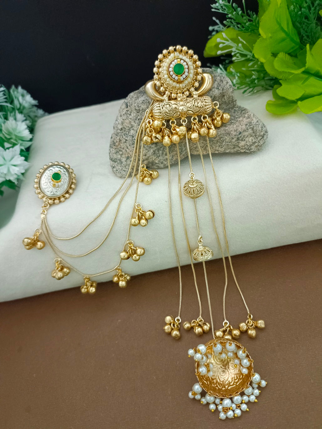 Gold-Toned Geometric Green Ear Cuff Earrings | Kundan Brass-Plated Post Back