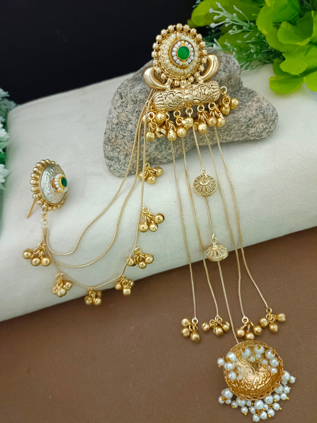 Gold-Toned Geometric Green Ear Cuff Earrings | Kundan Brass-Plated Post Back