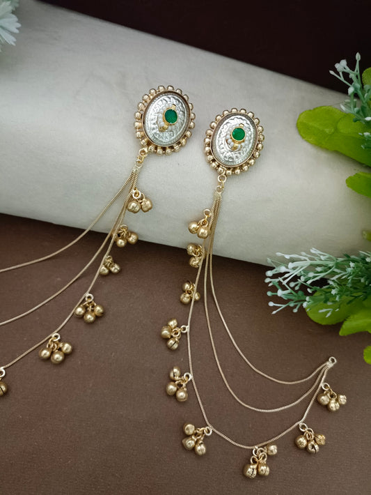 Gold-Toned Green Oval Drop Earrings | Kundan Brass-Plated Insert Style