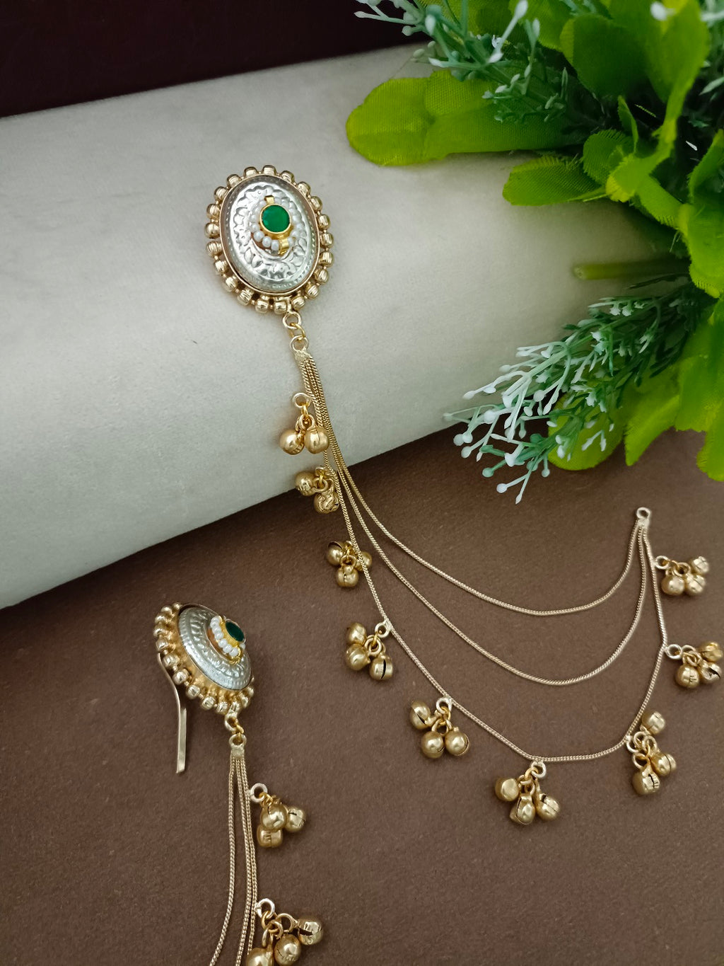 Gold-Toned Green Oval Drop Earrings | Kundan Brass-Plated Insert Style