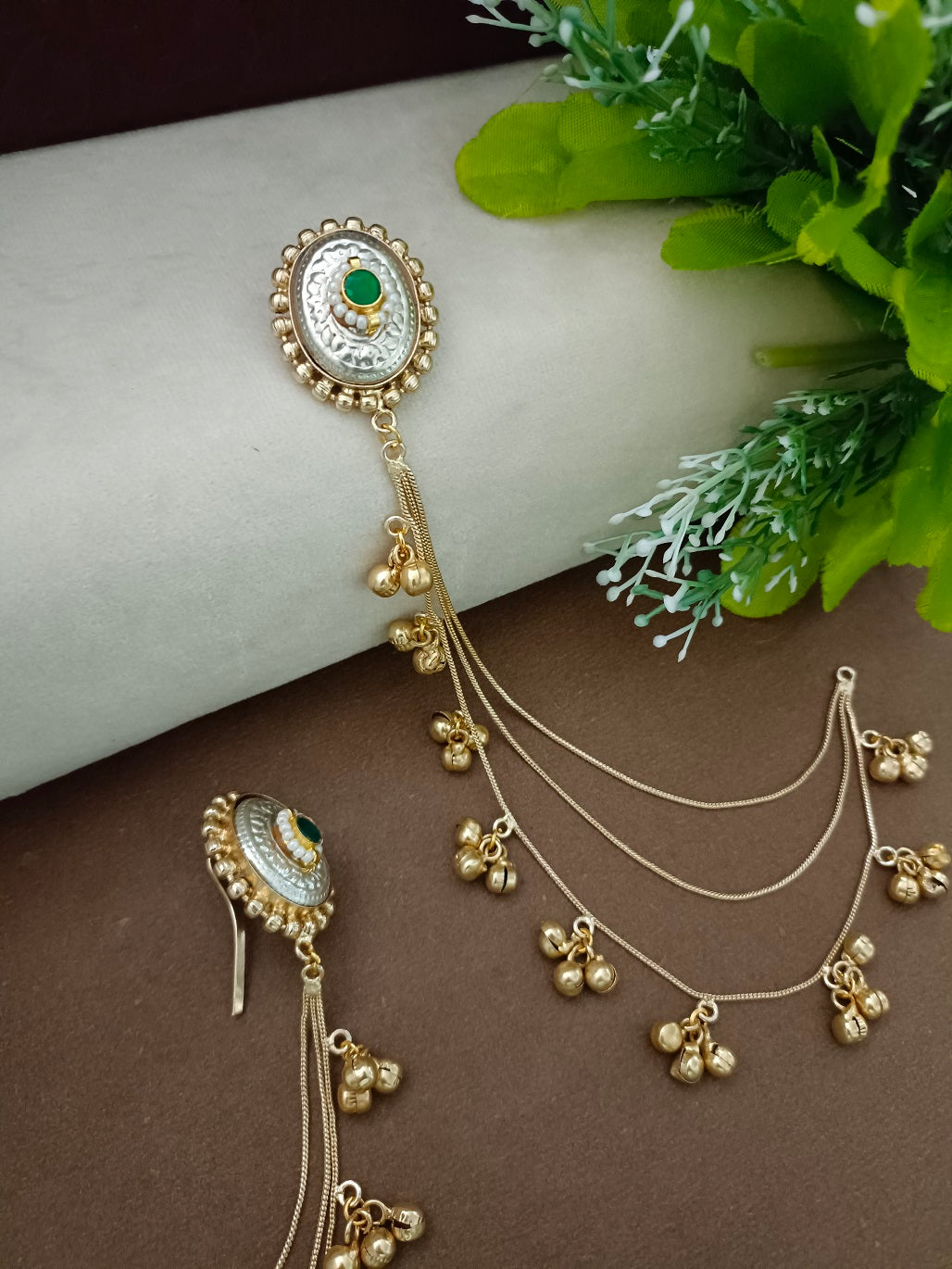 Gold-Toned Green Oval Drop Earrings | Kundan Brass-Plated Insert Style